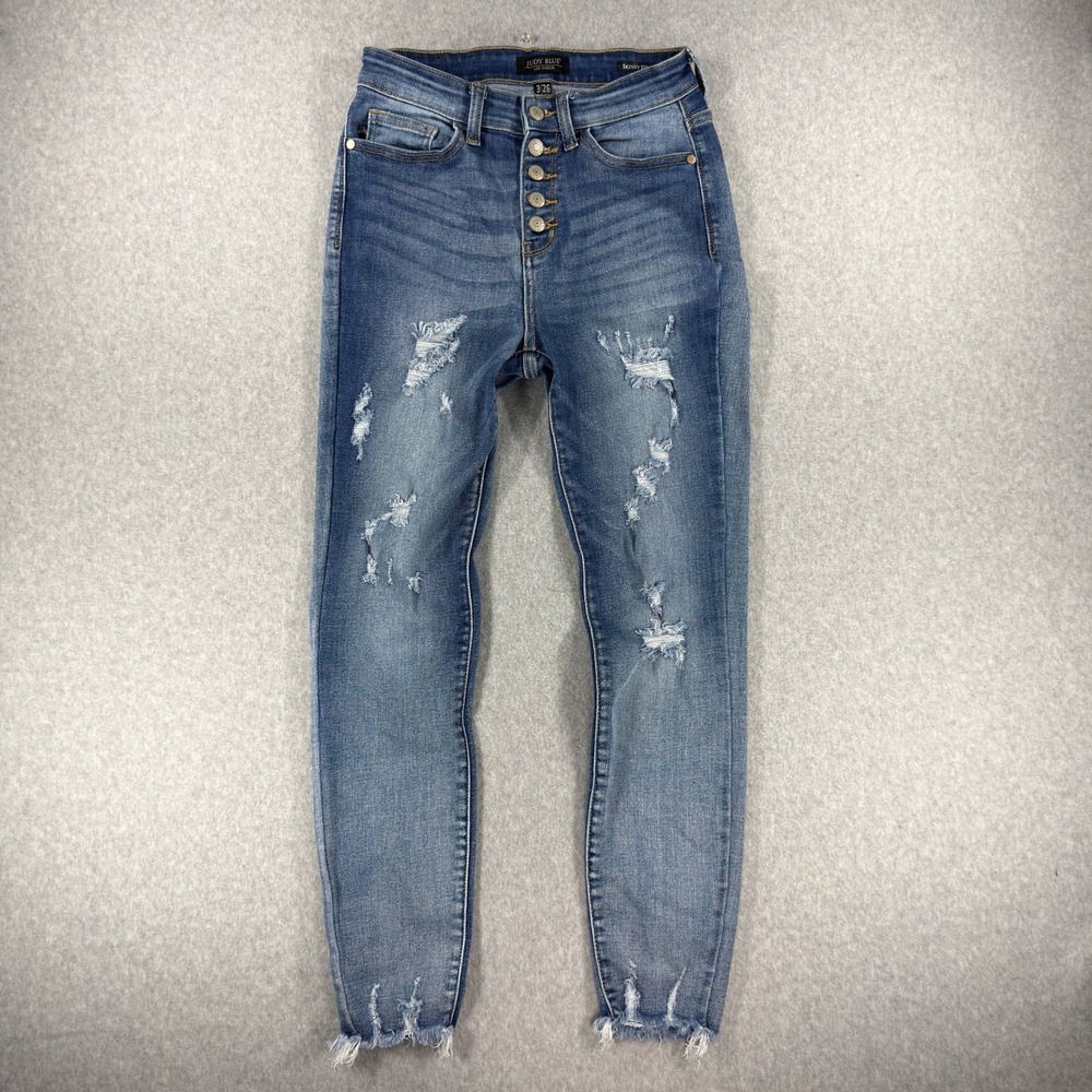 Judy Blue High Rise Distressed Skinny Jeans Blue Button Fly Size 3 26
